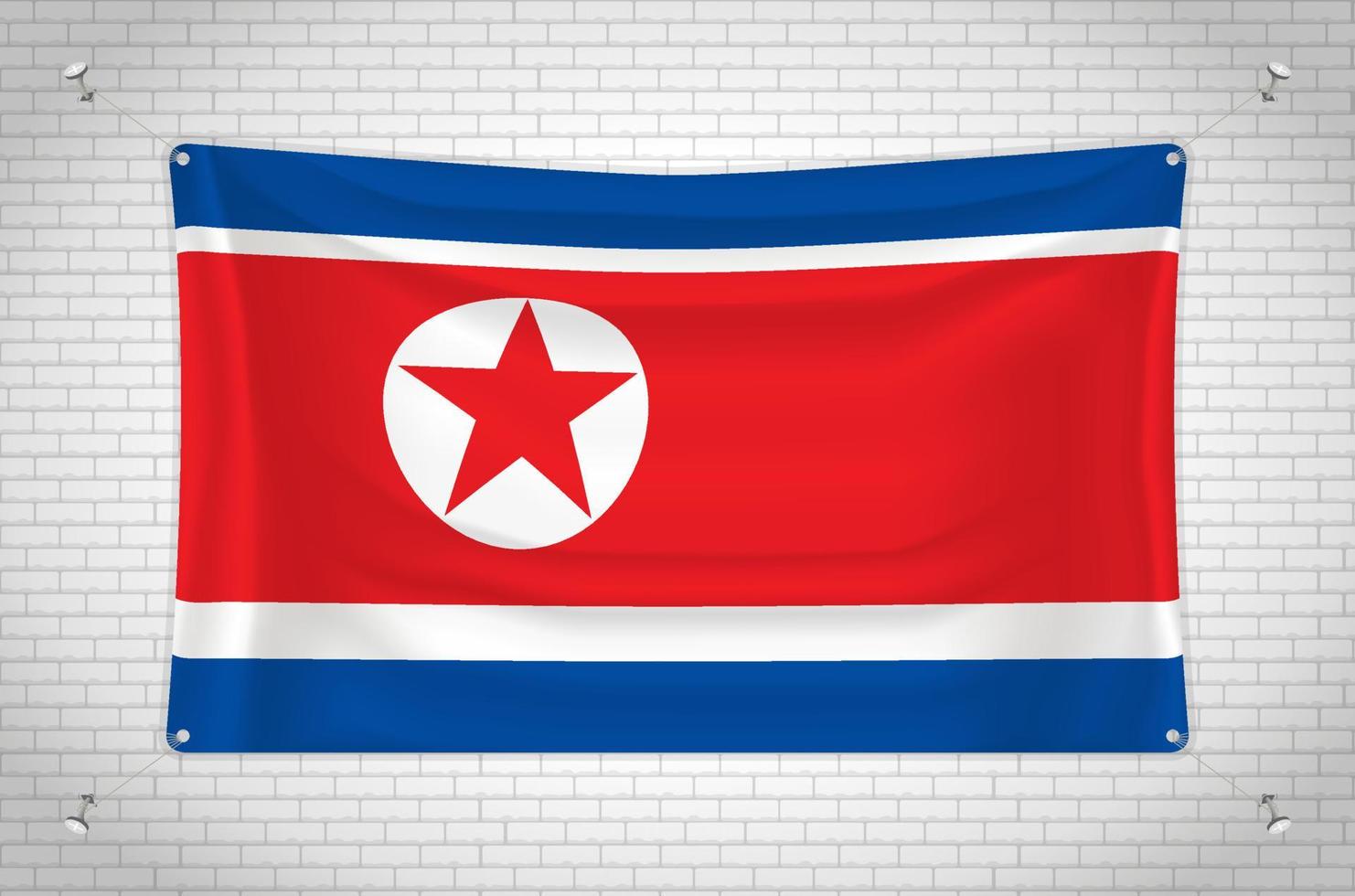 North Korea flag hanging on brick wall. 3D drawing. Flag attached to the wall. Neatly drawing in groups on separate layers for easy editing. vector