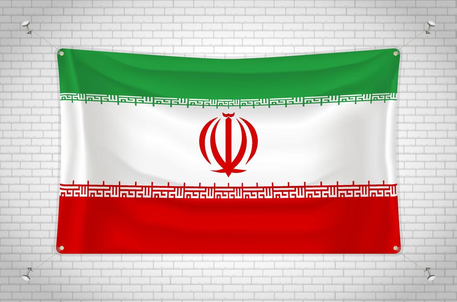 Iran flag hanging on brick wall. 3D drawing. Flag attached to the wall. Neatly drawing in groups on separate layers for easy editing. vector