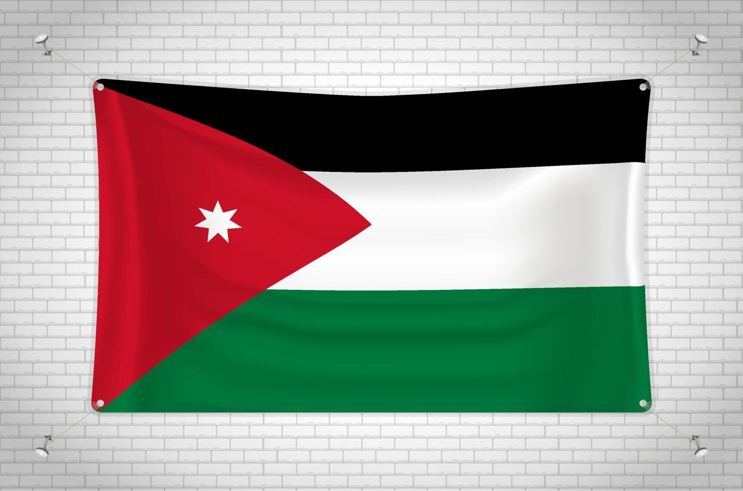 Jordan flag hanging on brick wall. 3D drawing. Flag attached to the wall. Neatly drawing in groups on separate layers for easy editing. vector