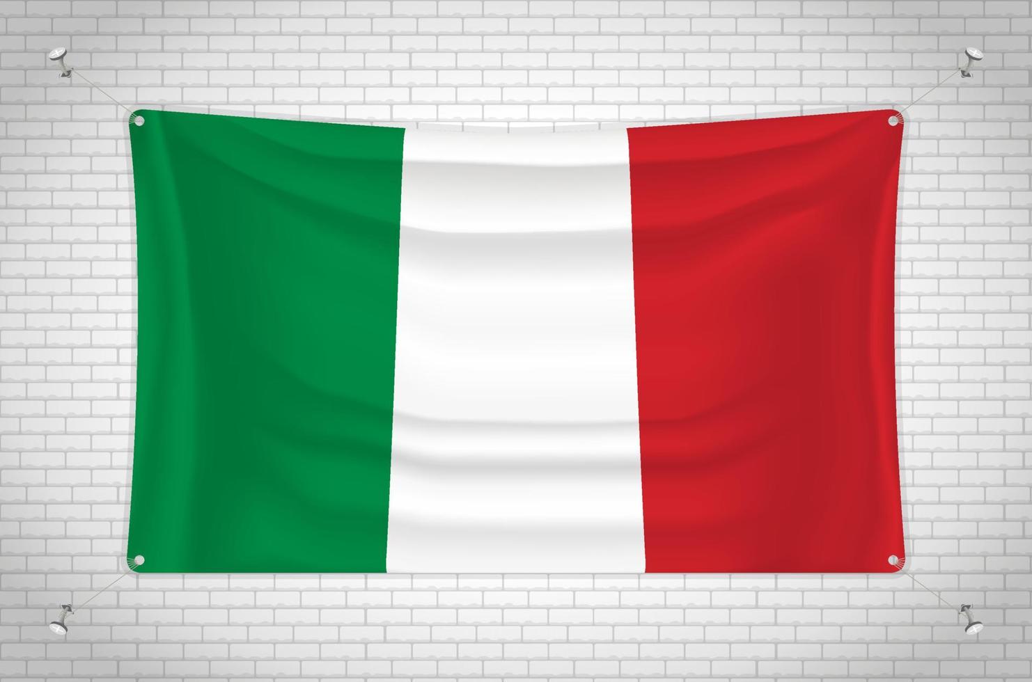 Italy flag hanging on brick wall. 3D drawing. Flag attached to the wall. Neatly drawing in groups on separate layers for easy editing. vector