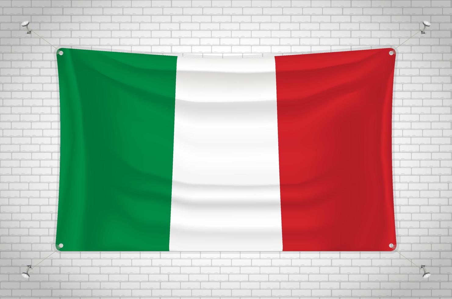 bandera de italia colgada en la pared de ladrillo. dibujo 3d bandera pegada a la pared. dibujando cuidadosamente en grupos en capas separadas para facilitar la edición. vector