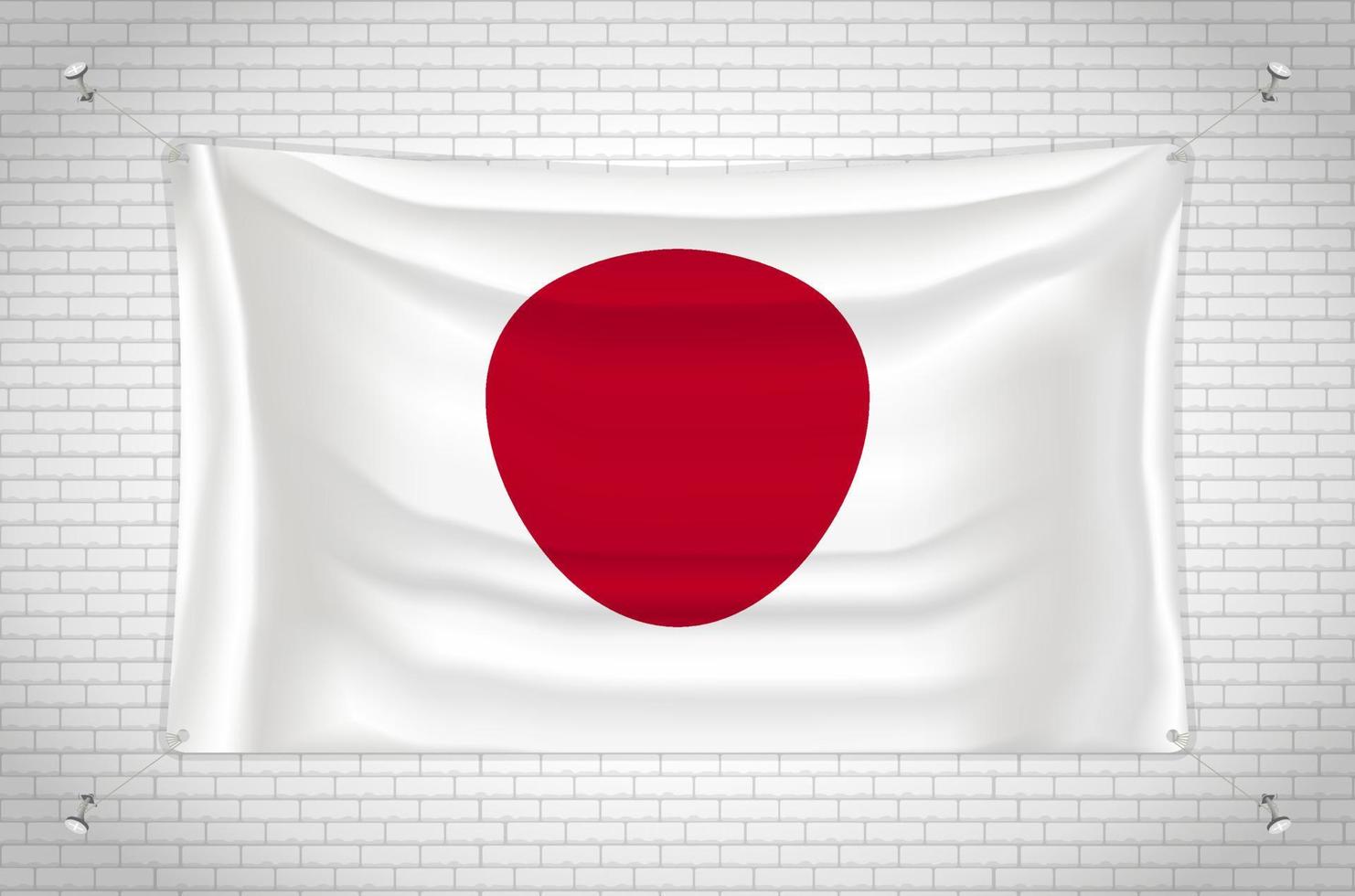 Japan flag hanging on brick wall. 3D drawing. Flag attached to the wall. Neatly drawing in groups on separate layers for easy editing. vector