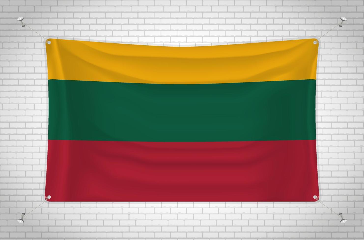 Lithuania flag hanging on brick wall. 3D drawing. Flag attached to the wall. Neatly drawing in groups on separate layers for easy editing. vector