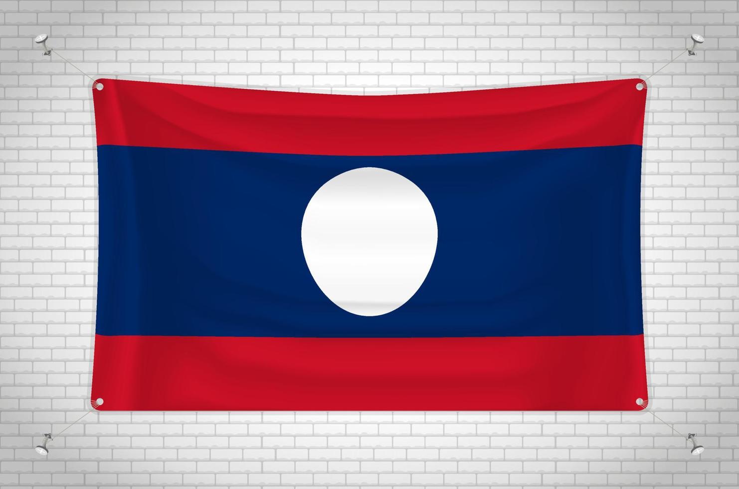 Laos flag hanging on brick wall. 3D drawing. Flag attached to the wall. Neatly drawing in groups on separate layers for easy editing. vector