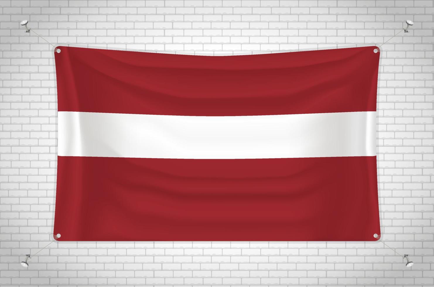 Latvia flag hanging on brick wall. 3D drawing. Flag attached to the wall. Neatly drawing in groups on separate layers for easy editing. vector