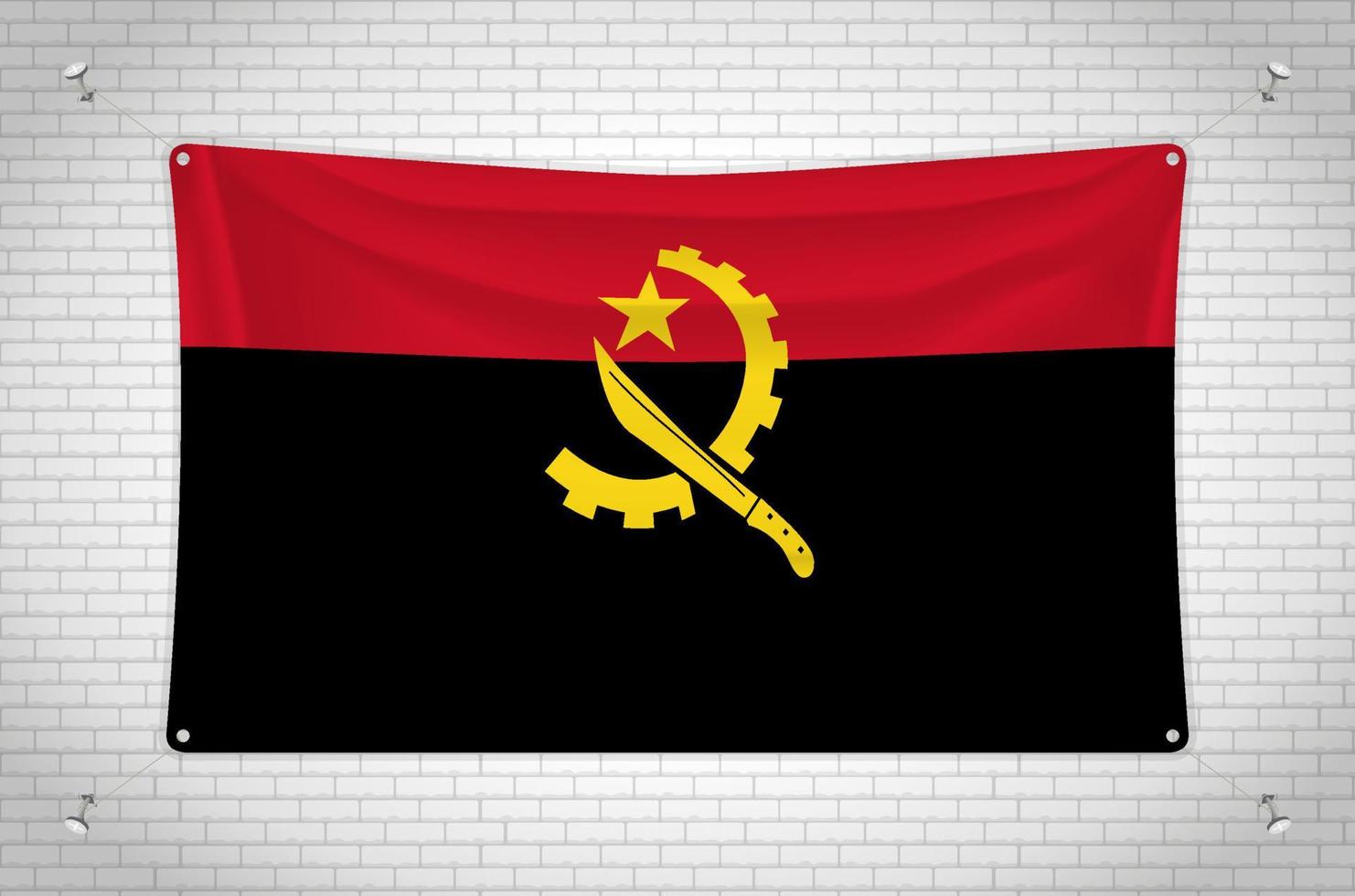 Angola flag hanging on brick wall. 3D drawing. Flag attached to the wall. Neatly drawing in groups on separate layers for easy editing. vector