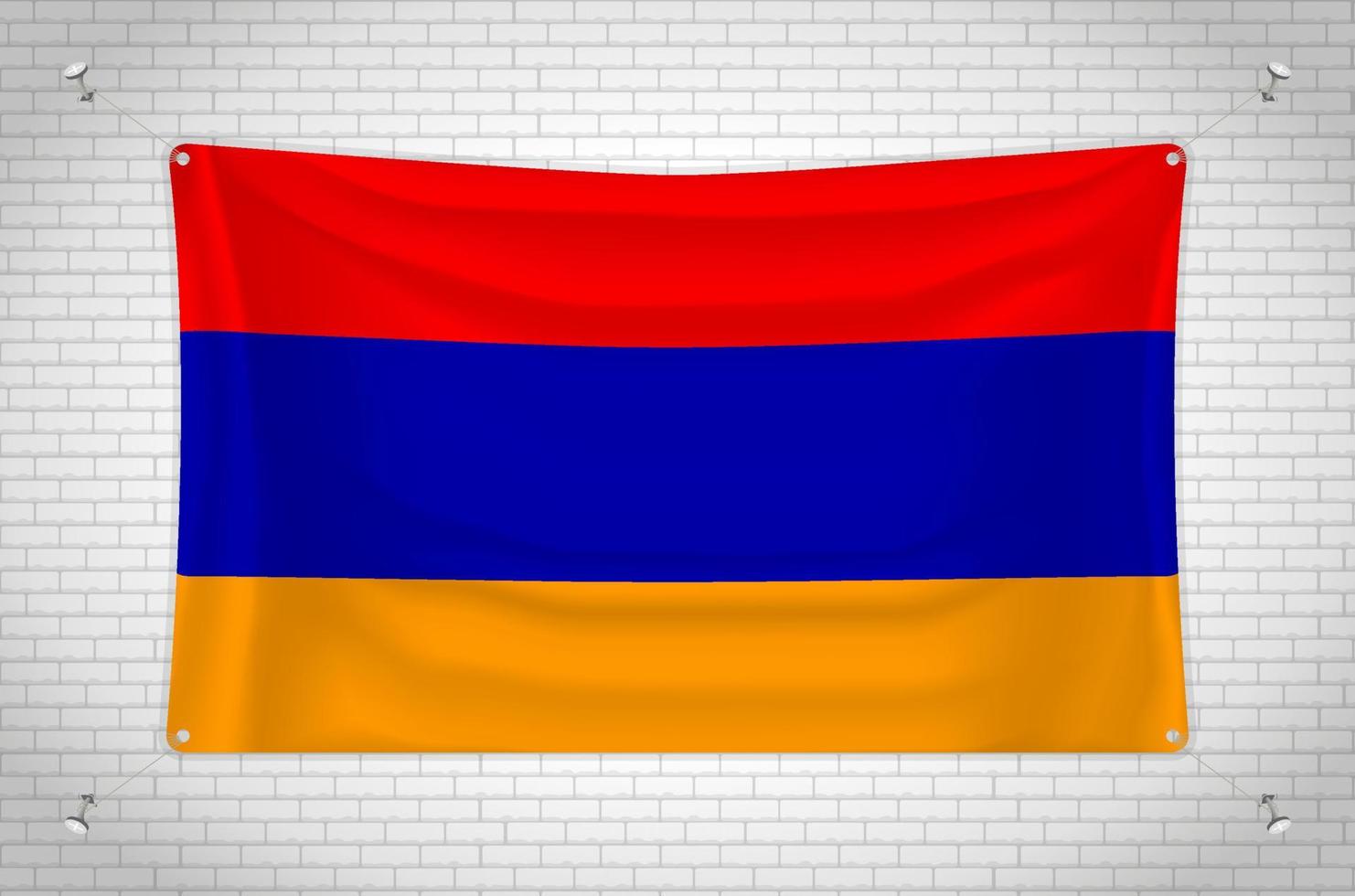 Armenia flag hanging on brick wall. 3D drawing. Flag attached to the wall. Neatly drawing in groups on separate layers for easy editing. vector