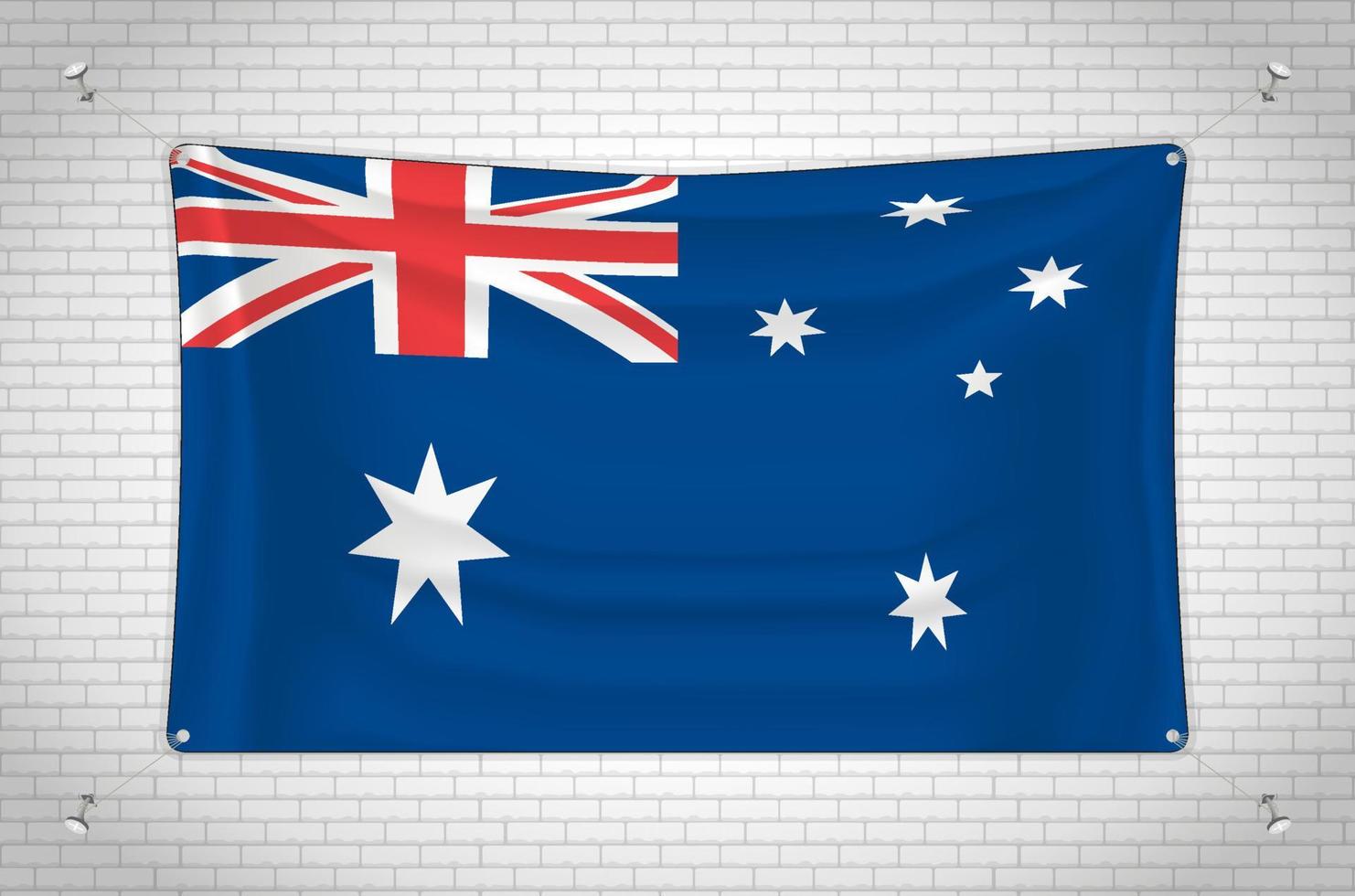 Australia flag hanging on brick wall. 3D drawing. Flag attached to the wall. Neatly drawing in groups on separate layers for easy editing. vector