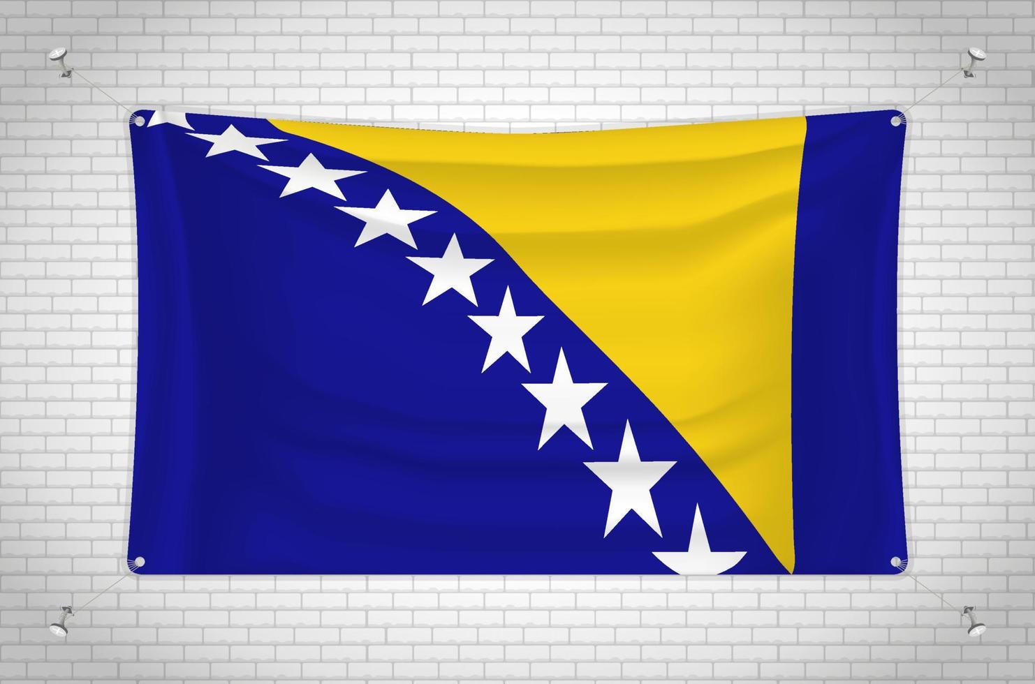 Bosnia and Herzegovina flag hanging on brick wall. 3D drawing. Flag attached to the wall. Neatly drawing in groups on separate layers for easy editing. vector