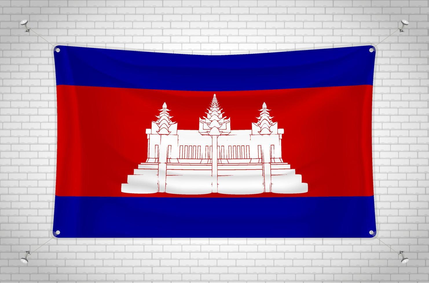 Cambodia flag hanging on brick wall. 3D drawing. Flag attached to the wall. Neatly drawing in groups on separate layers for easy editing. vector