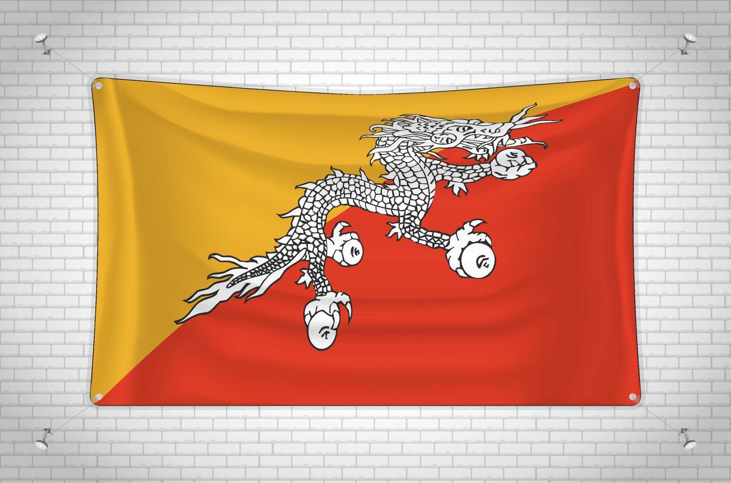 Bhutan flag hanging on brick wall. 3D drawing. Flag attached to the wall. Neatly drawing in groups on separate layers for easy editing. vector