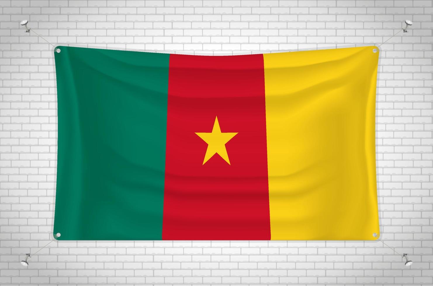 Cameroon flag hanging on brick wall. 3D drawing. Flag attached to the wall. Neatly drawing in groups on separate layers for easy editing. vector