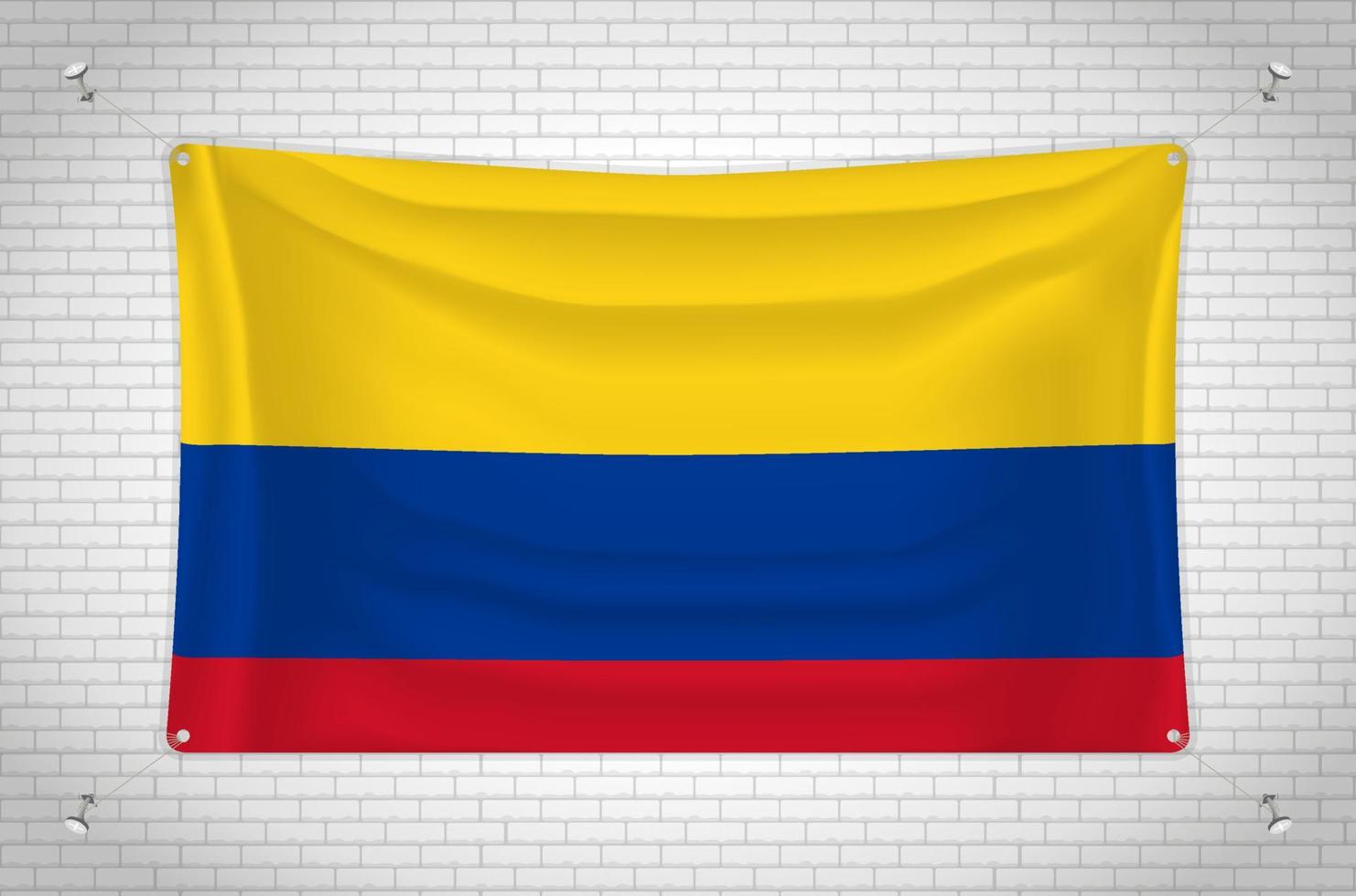 Colombia flag hanging on brick wall. 3D drawing. Flag attached to the wall. Neatly drawing in groups on separate layers for easy editing. vector