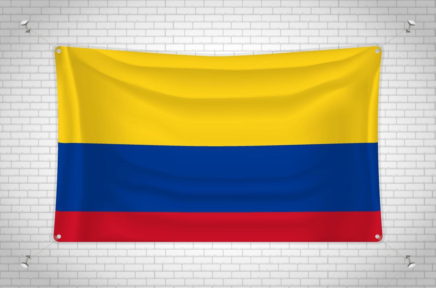 bandera de colombia colgada en la pared de ladrillo. dibujo 3d bandera pegada a la pared. dibujando cuidadosamente en grupos en capas separadas para facilitar la edición. vector