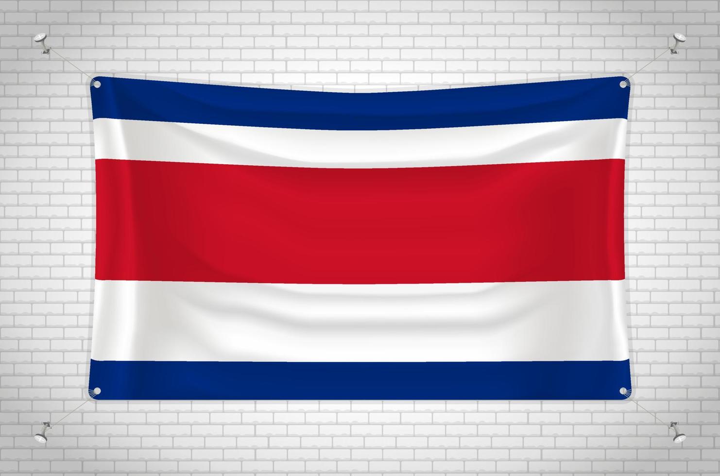 Costa Rica flag hanging on brick wall. 3D drawing. Flag attached to the wall. Neatly drawing in groups on separate layers for easy editing. vector