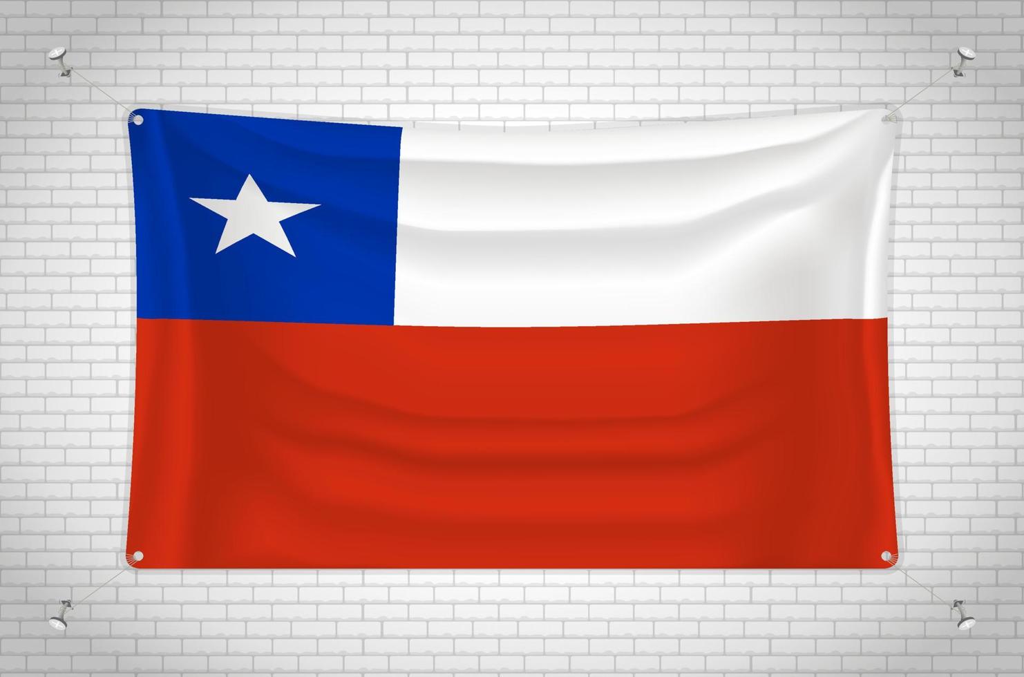 Chile flag hanging on brick wall. 3D drawing. Flag attached to the wall. Neatly drawing in groups on separate layers for easy editing. vector