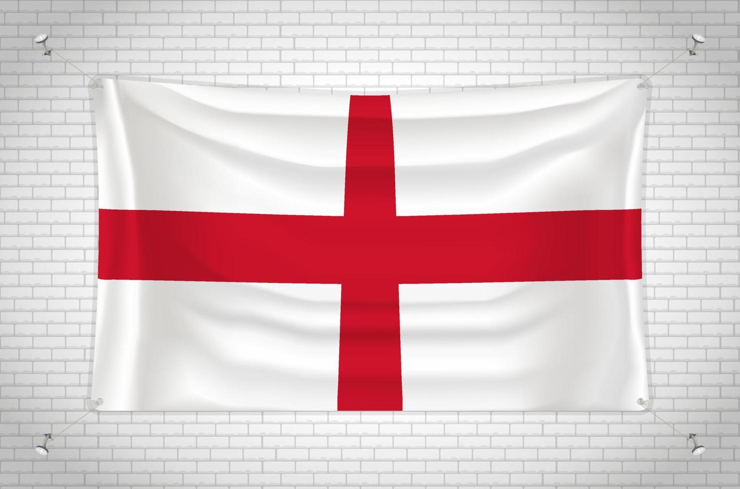 England flag hanging on brick wall. 3D drawing. Flag attached to the wall. Neatly drawing in groups on separate layers for easy editing. vector