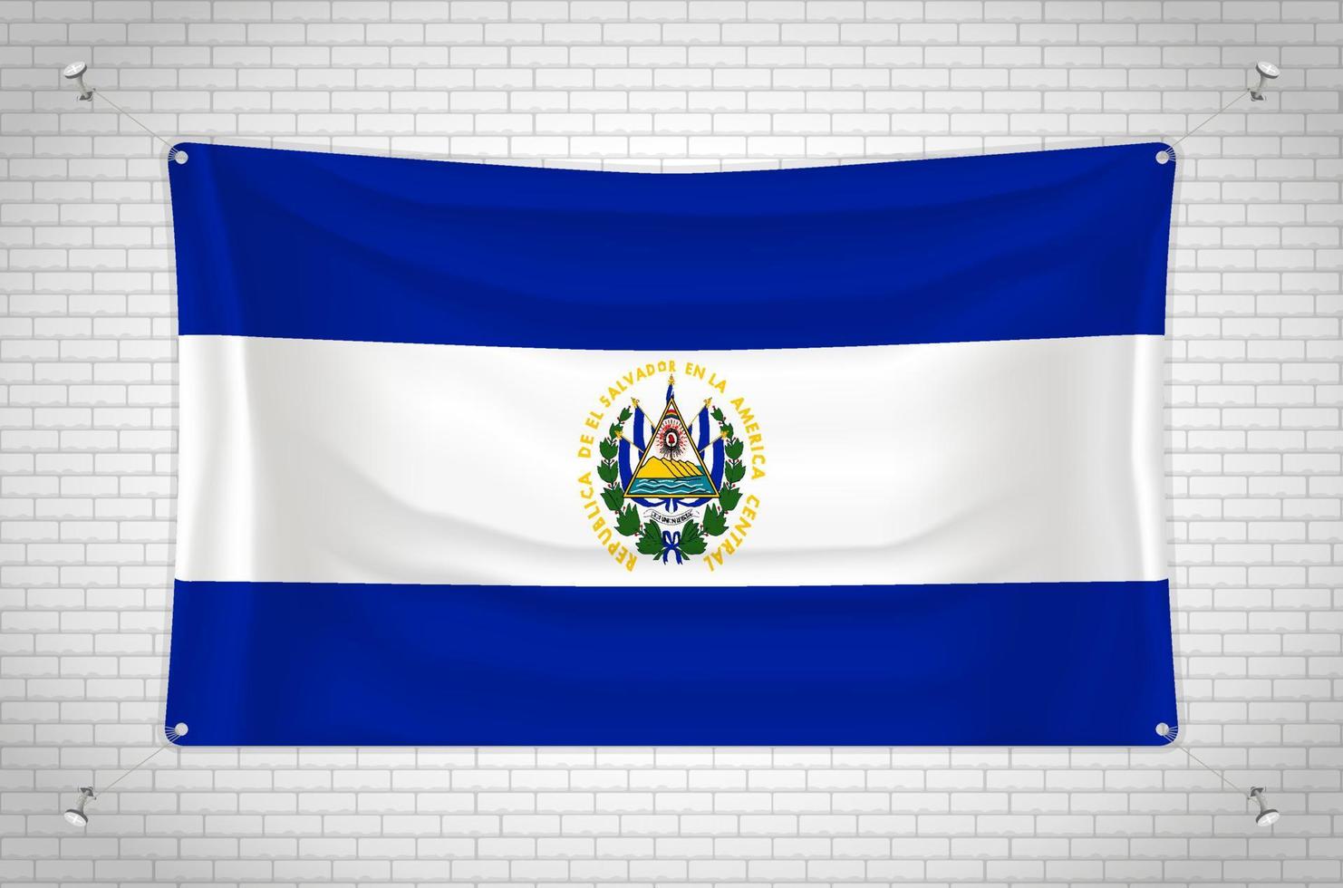El Salvador flag hanging on brick wall. 3D drawing. Flag attached to the wall. Neatly drawing in groups on separate layers for easy editing. vector