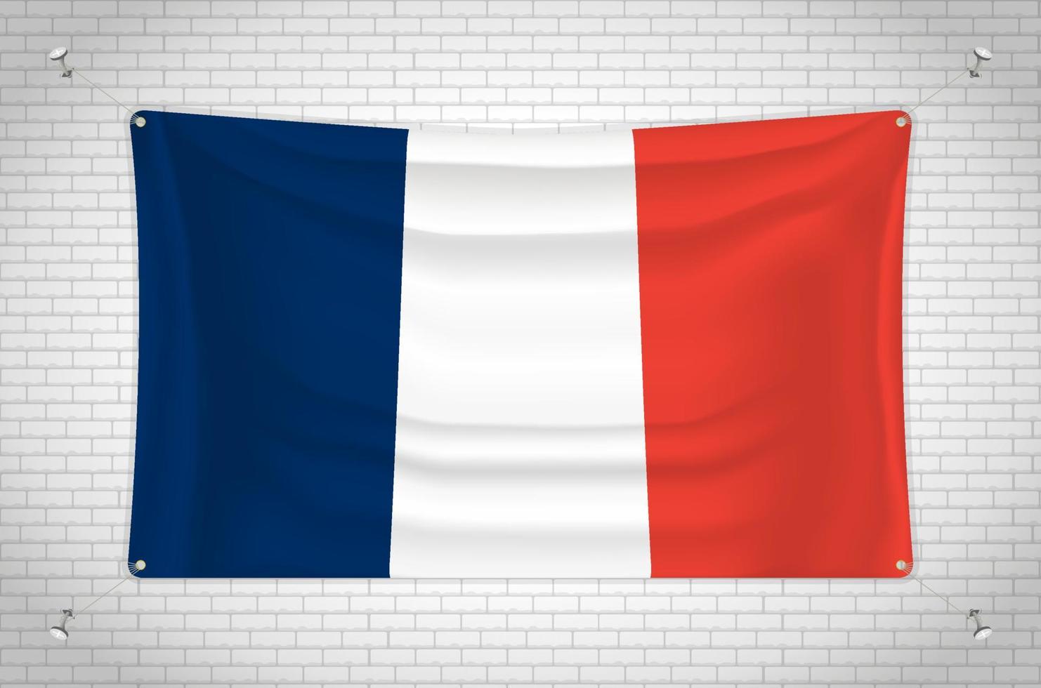 bandera de francia colgada en la pared de ladrillo. dibujo 3d bandera pegada a la pared. dibujando cuidadosamente en grupos en capas separadas para facilitar la edición. vector