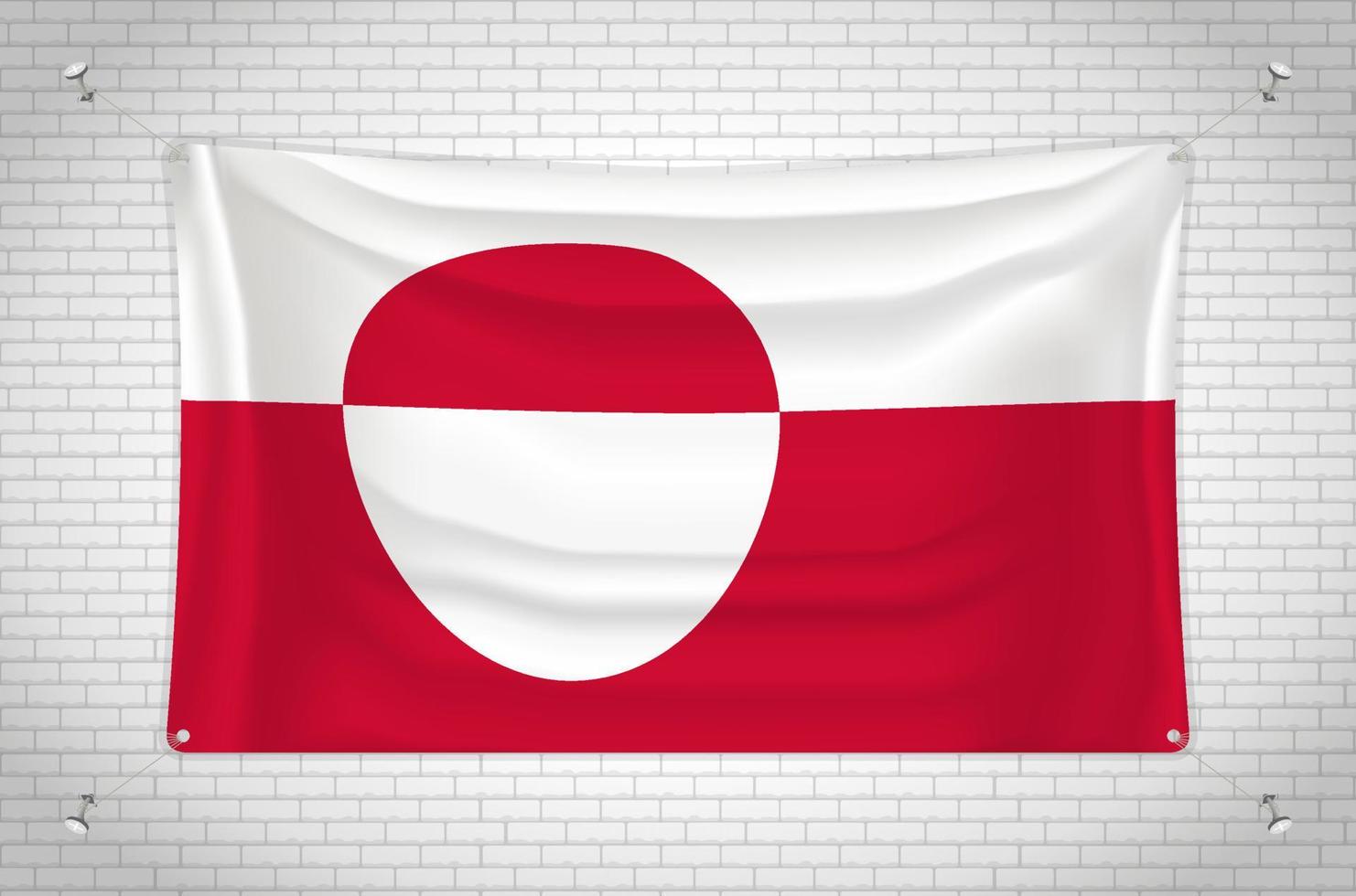 Greenland flag hanging on brick wall. 3D drawing. Flag attached to the wall. Neatly drawing in groups on separate layers for easy editing. vector