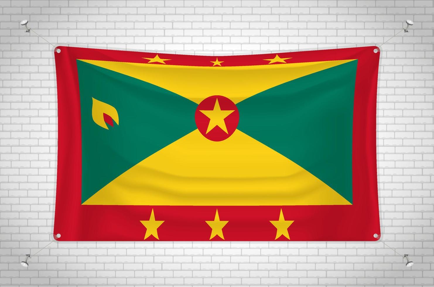 Grenada flag hanging on brick wall. 3D drawing. Flag attached to the wall. Neatly drawing in groups on separate layers for easy editing. vector