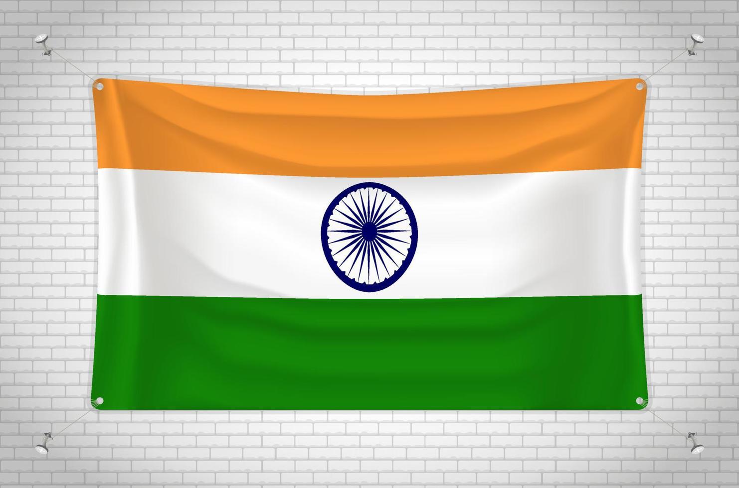 India flag hanging on brick wall. 3D drawing. Flag attached to the wall. Neatly drawing in groups on separate layers for easy editing. vector