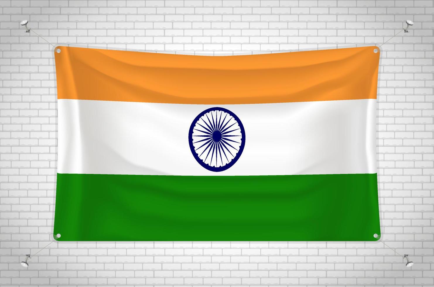 India flag hanging on brick wall. 3D drawing. Flag attached to the wall. Neatly drawing in groups on separate layers for easy editing. vector