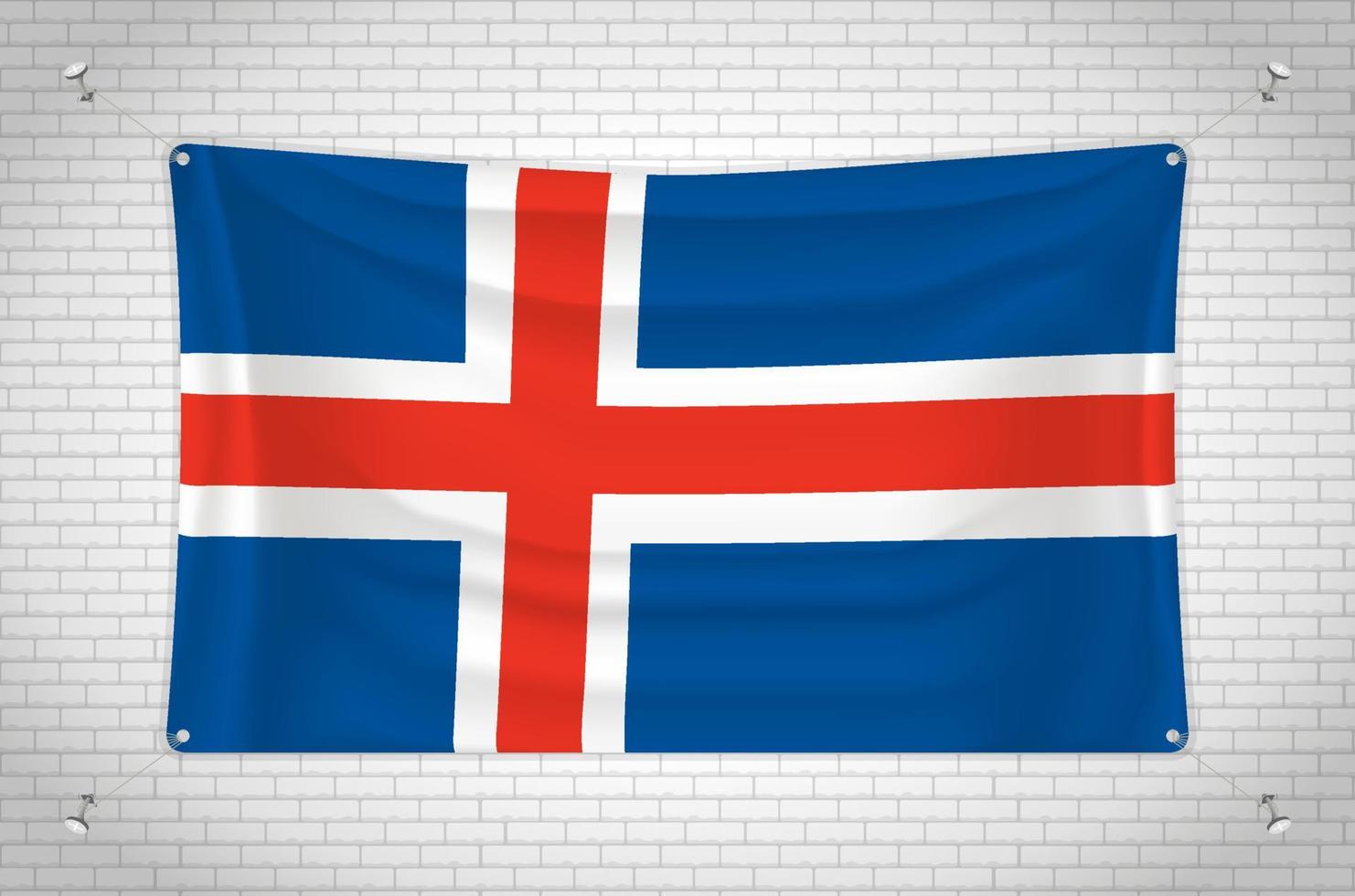 Iceland flag hanging on brick wall. 3D drawing. Flag attached to the wall. Neatly drawing in groups on separate layers for easy editing. vector