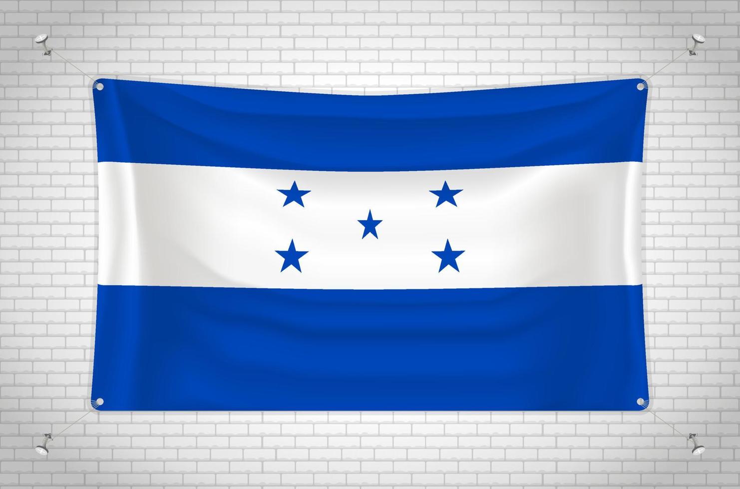 Honduras flag hanging on brick wall. 3D drawing. Flag attached to the wall. Neatly drawing in groups on separate layers for easy editing. vector