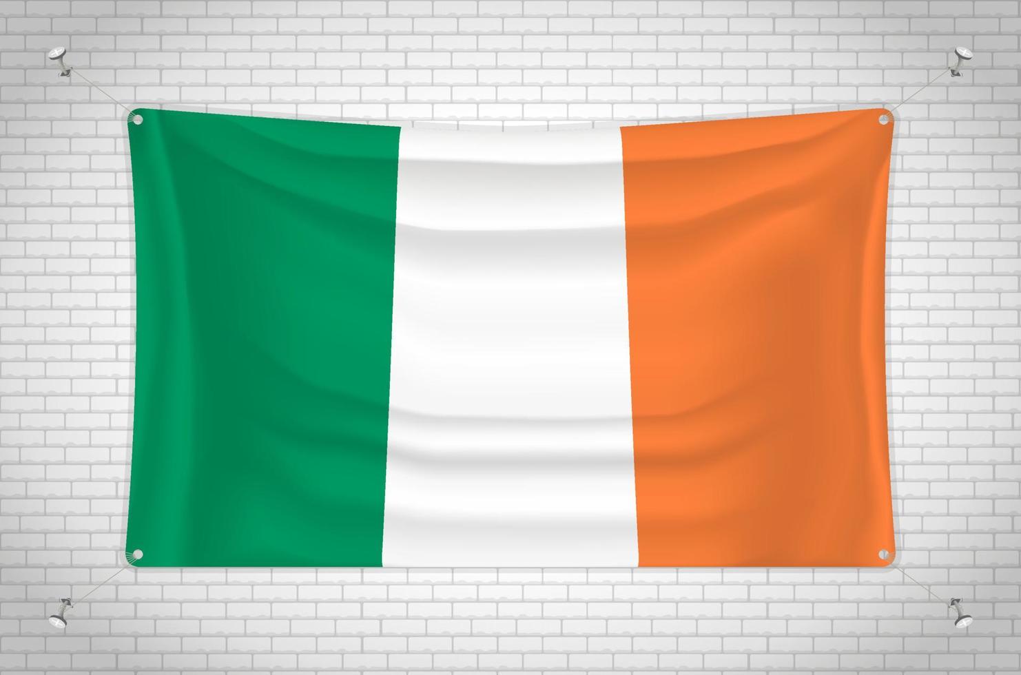 Ireland flag hanging on brick wall. 3D drawing. Flag attached to the wall. Neatly drawing in groups on separate layers for easy editing. vector