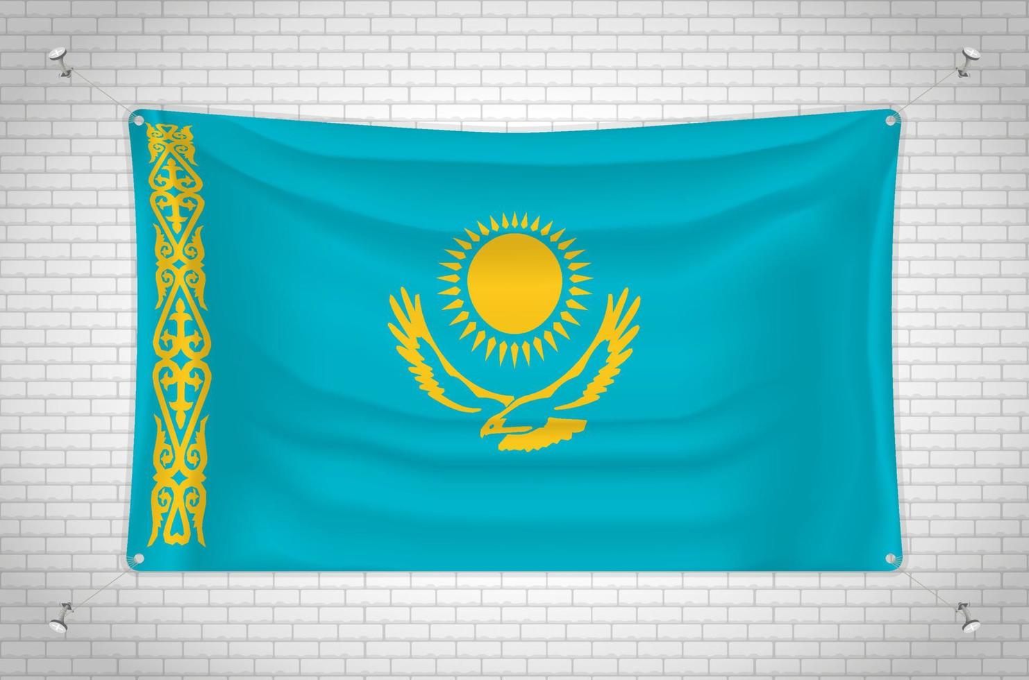 Kazakhstan flag hanging on brick wall. 3D drawing. Flag attached to the wall. Neatly drawing in groups on separate layers for easy editing. vector