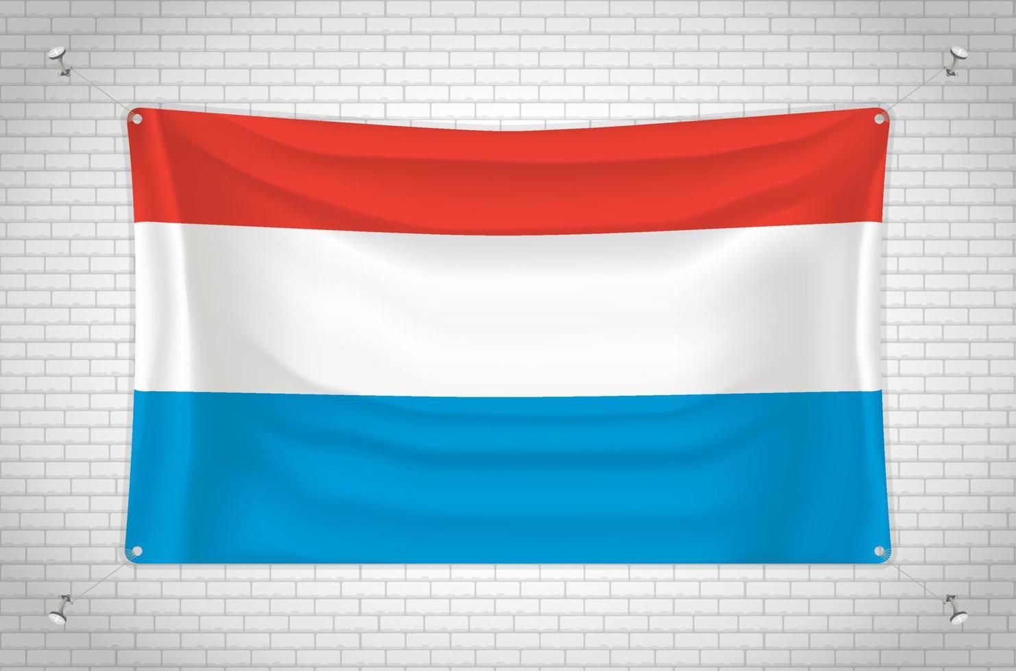 Luxembourg flag hanging on brick wall. 3D drawing. Flag attached to the wall. Neatly drawing in groups on separate layers for easy editing. vector