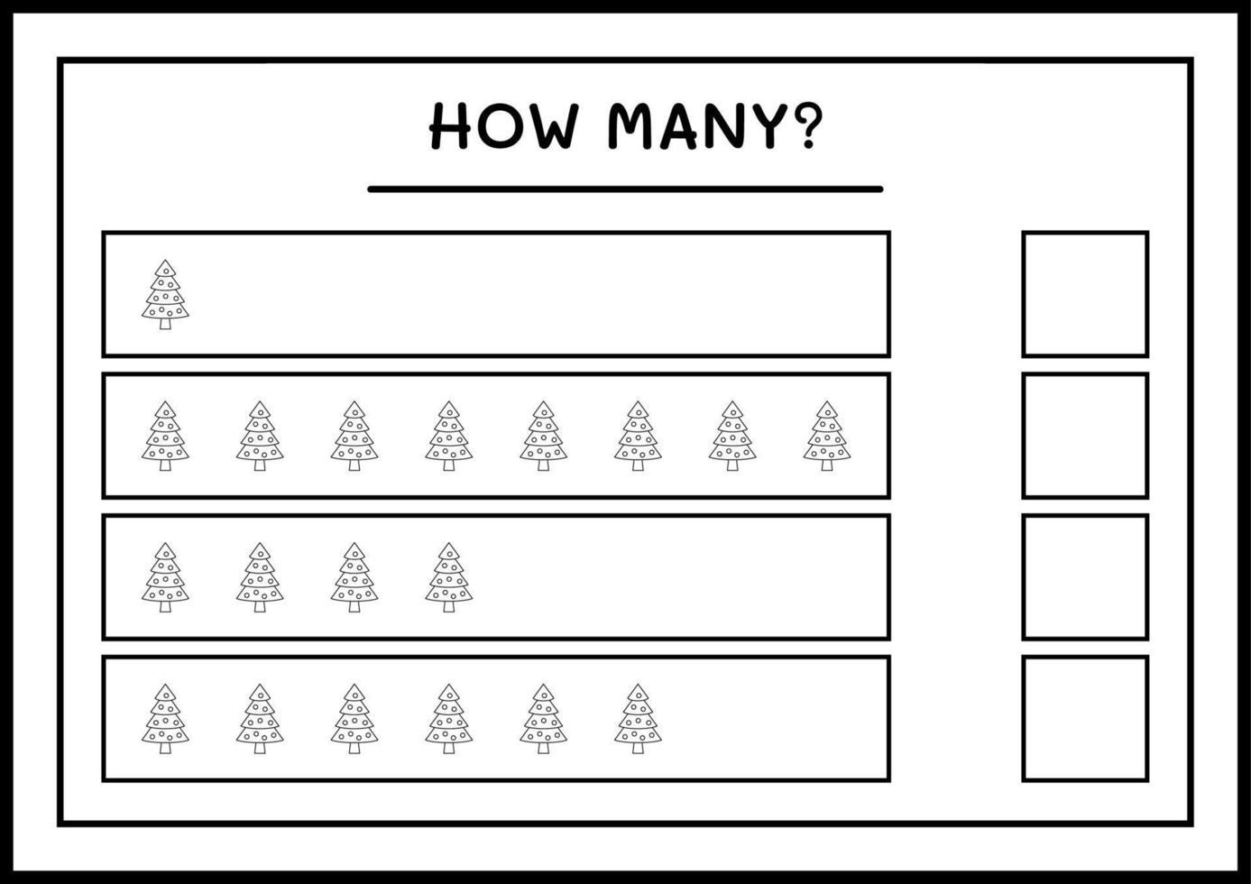 How many christmas tree, game for children. Vector illustration, printable worksheet