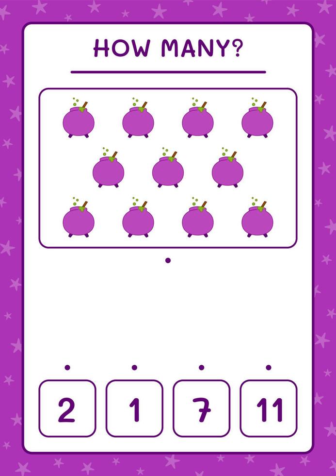 How many Cauldron, game for children. Vector illustration, printable worksheet