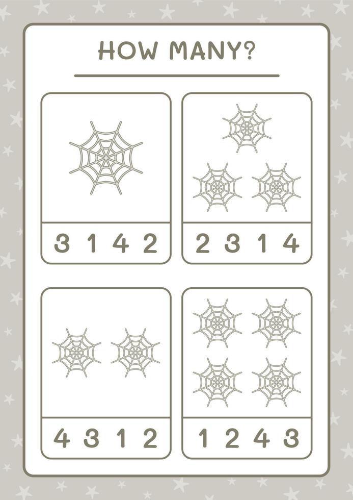 How many Cobweb, game for children. Vector illustration, printable worksheet