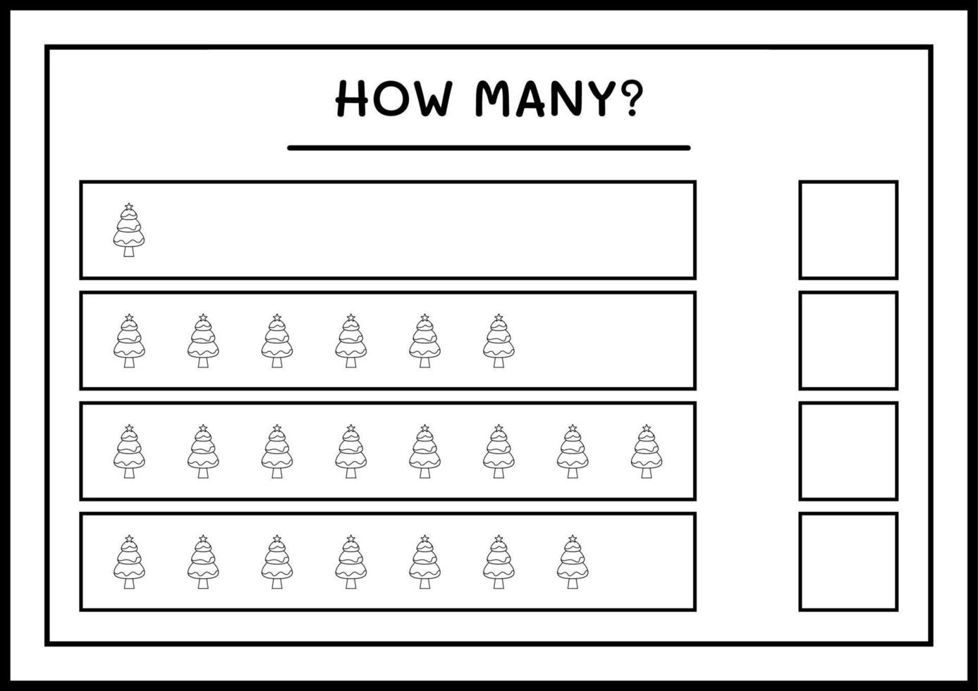 How many christmas tree, game for children. Vector illustration, printable worksheet