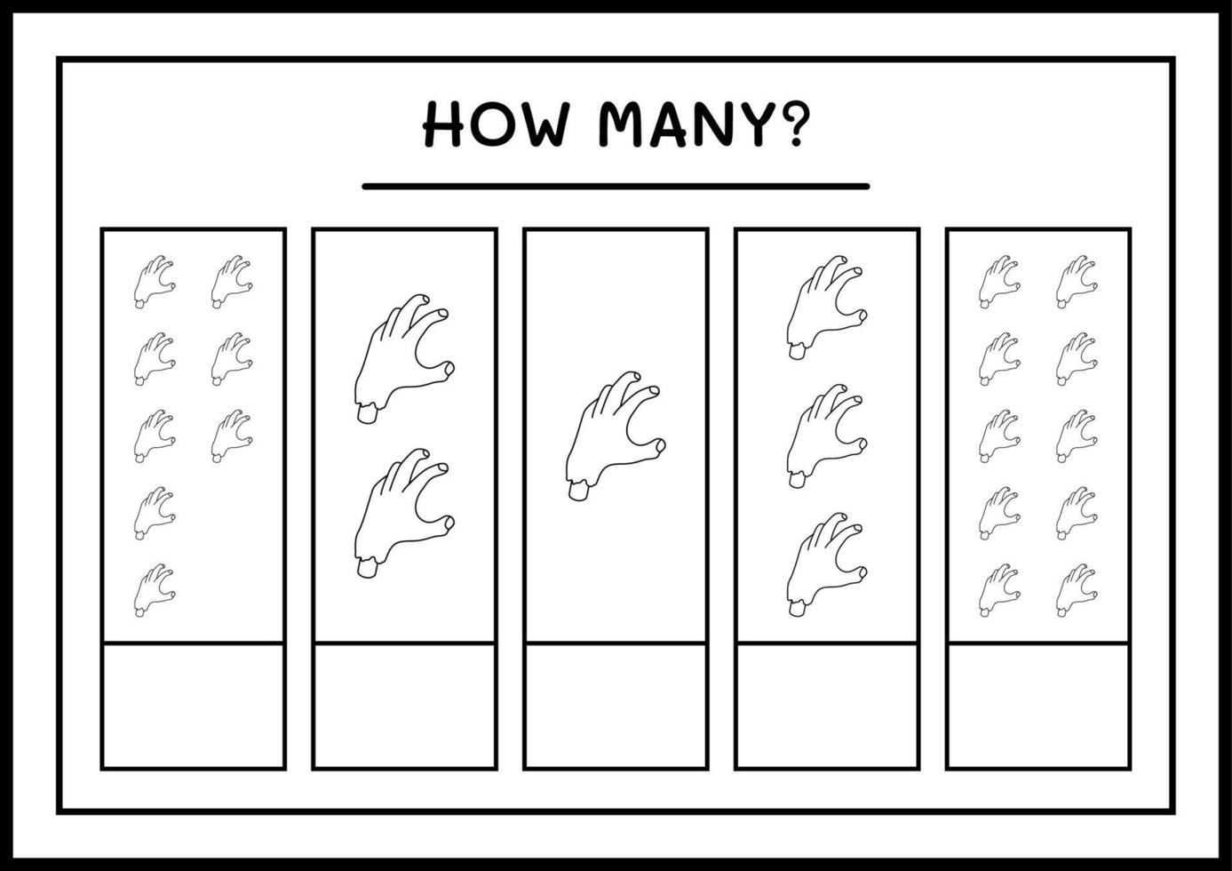 How many Zombie Hand, game for children. Vector illustration, printable worksheet