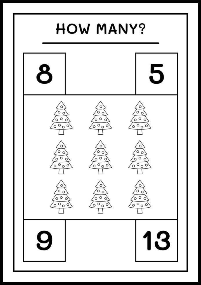How many christmas tree, game for children. Vector illustration, printable worksheet