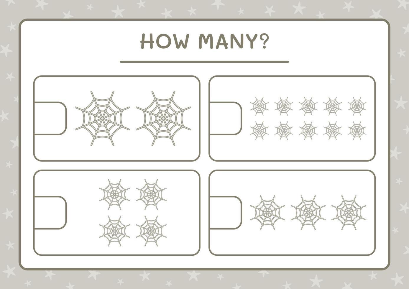 How many Cobweb, game for children. Vector illustration, printable worksheet