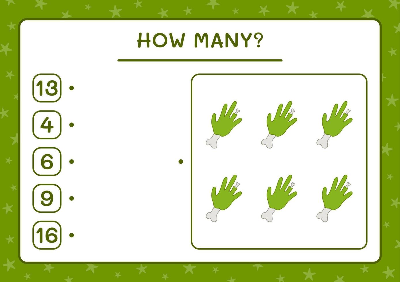 How many Zombie Hand, game for children. Vector illustration, printable worksheet