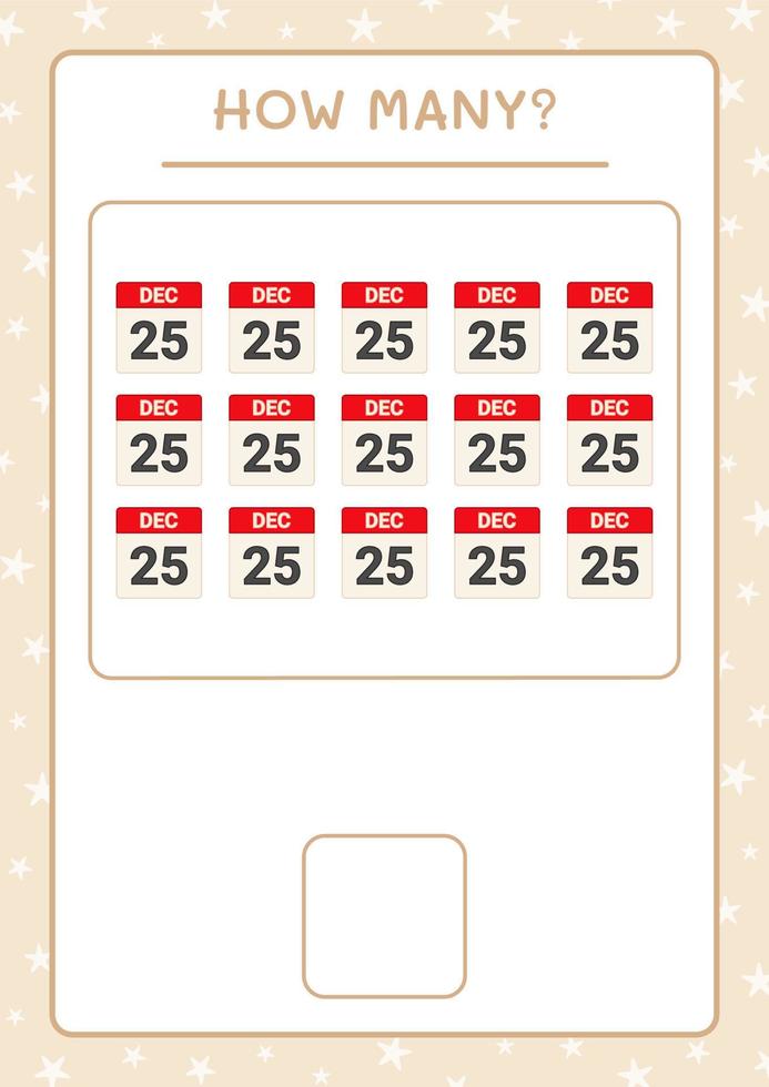 How many christmas calendar, game for children. Vector illustration, printable worksheet