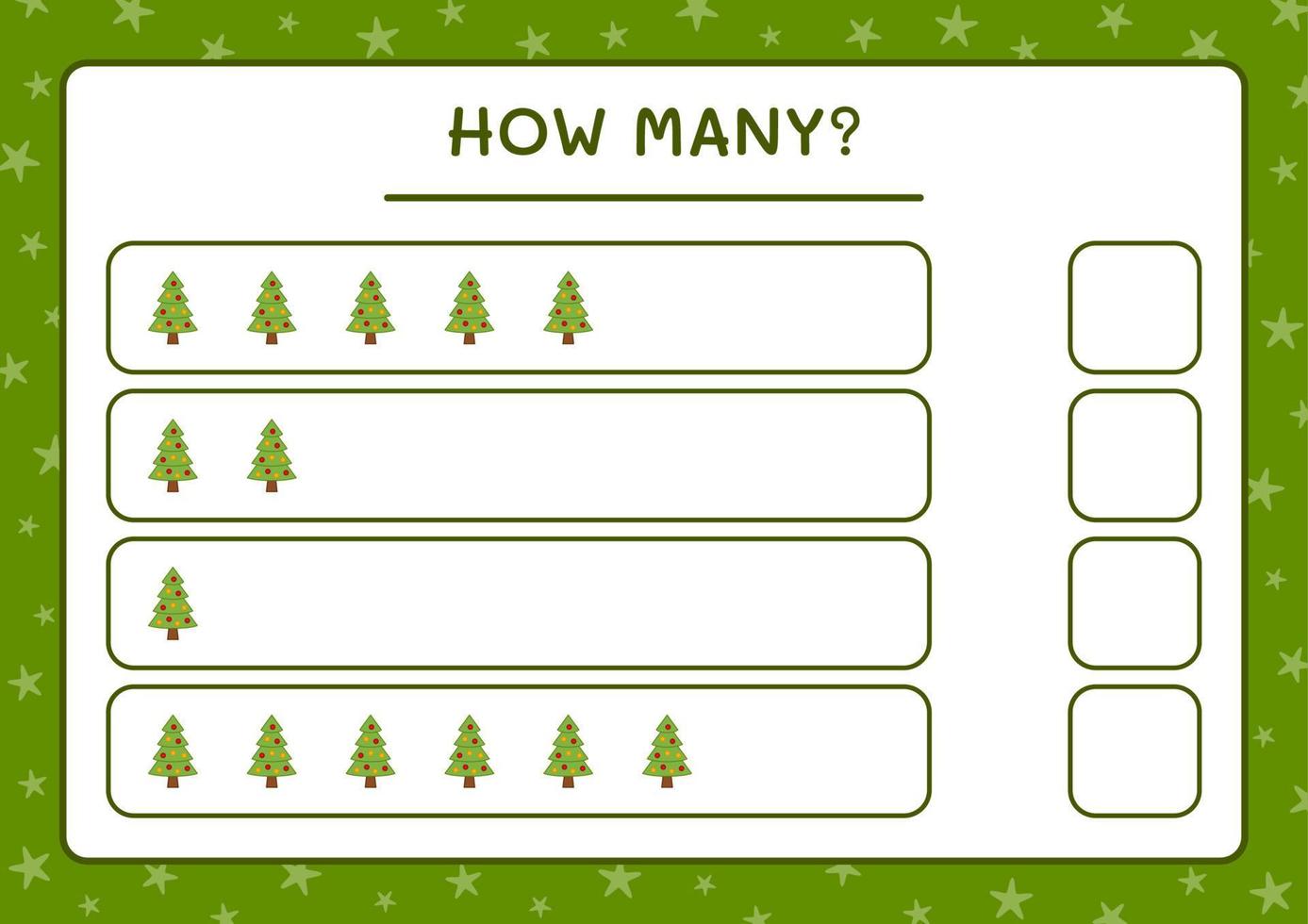 How many christmas tree, game for children. Vector illustration, printable worksheet