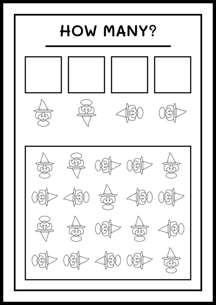 How many Witch, game for children. Vector illustration, printable worksheet