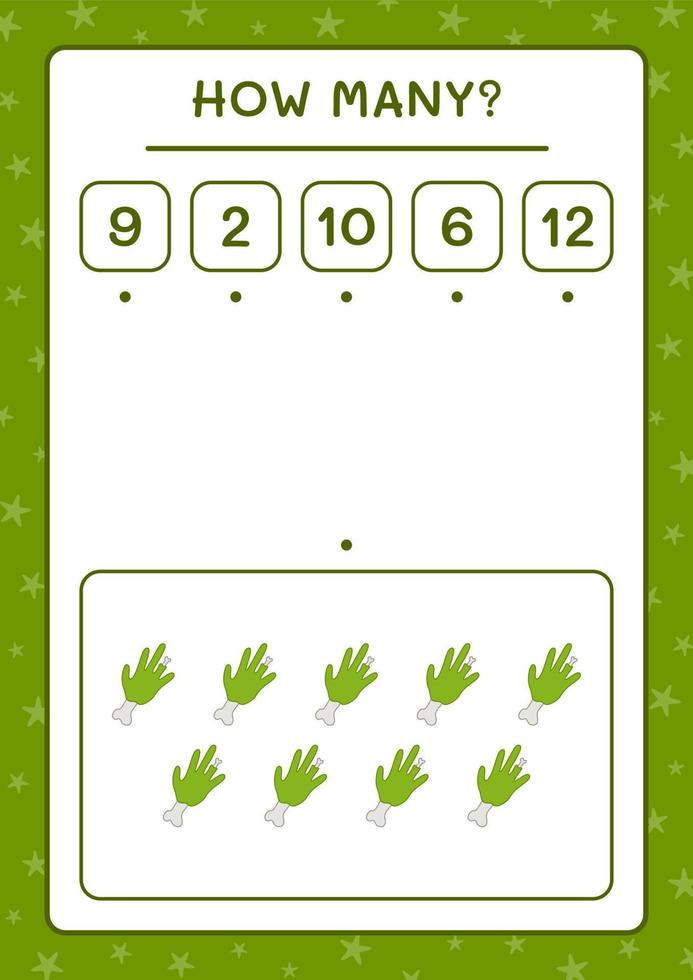 How many Zombie Hand, game for children. Vector illustration, printable worksheet