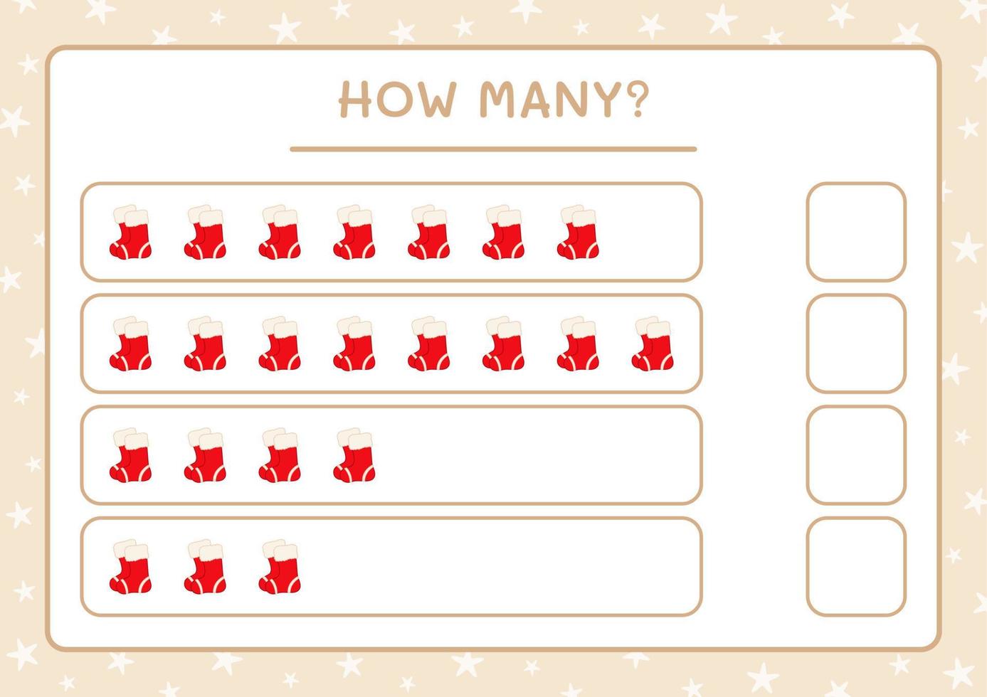 How many christmas sock, game for children. Vector illustration, printable worksheet