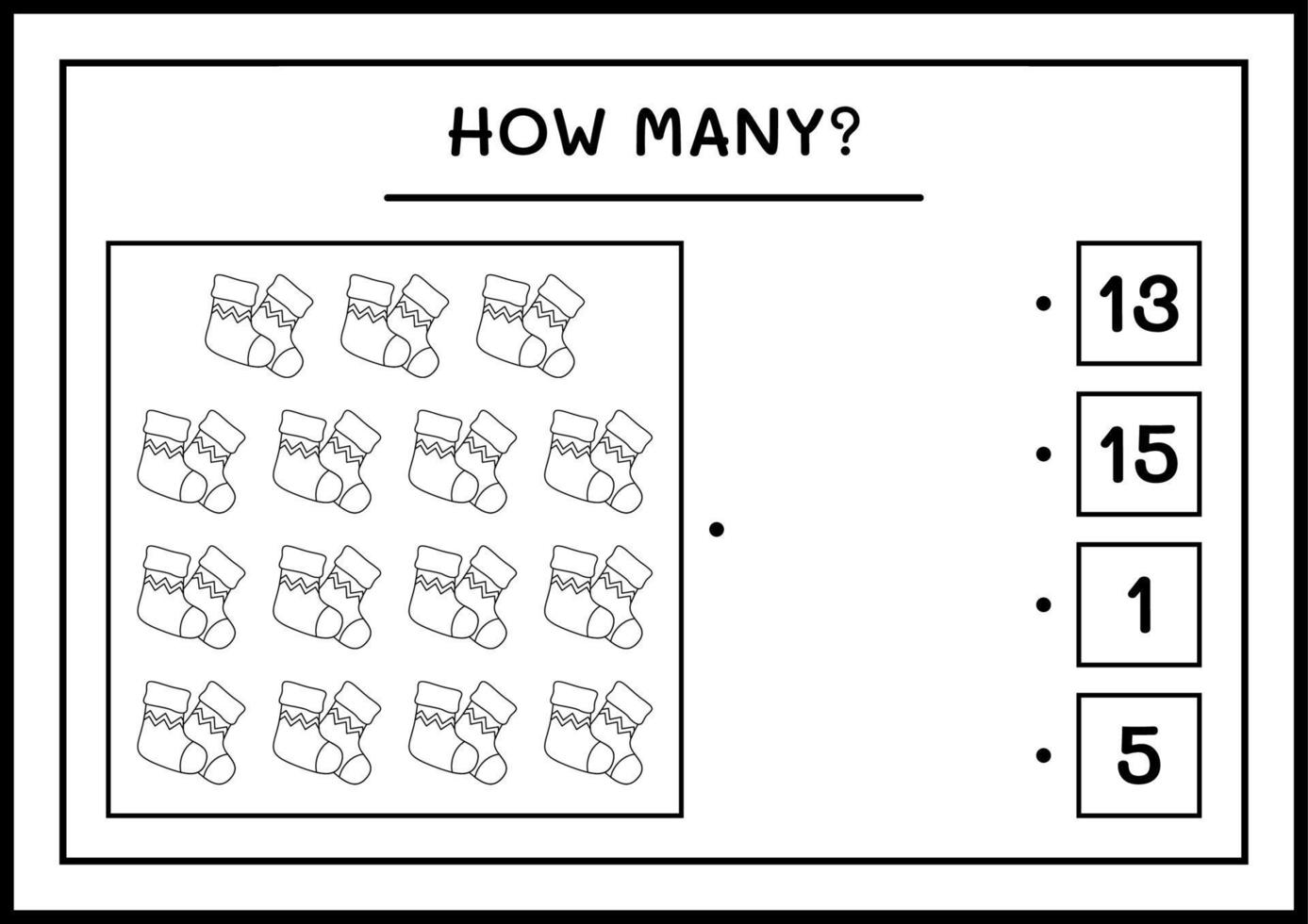 How many christmas sock, game for children. Vector illustration