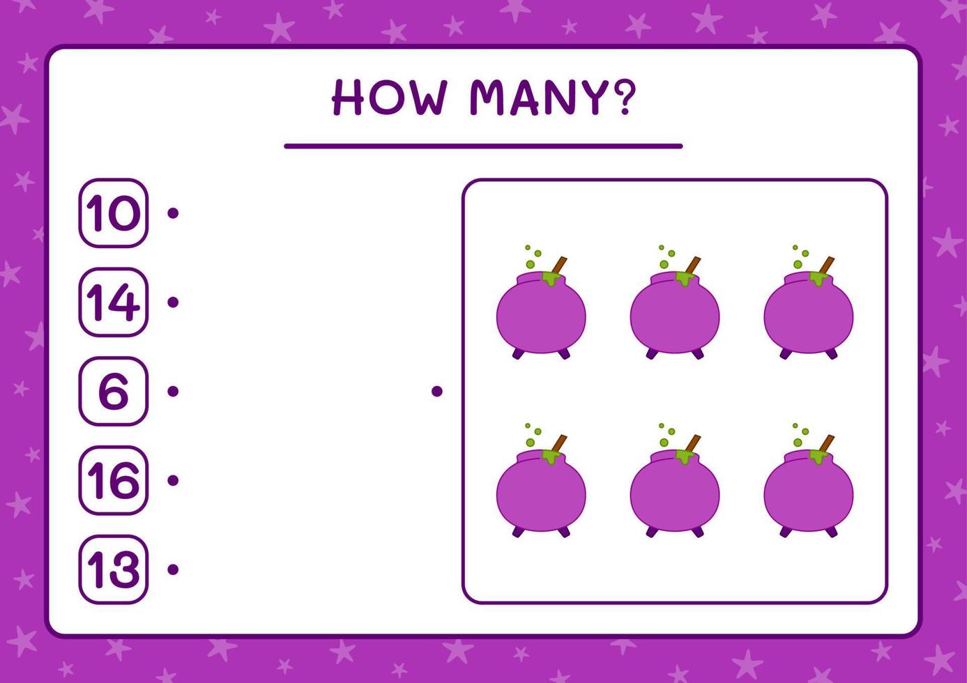How many Cauldron, game for children. Vector illustration, printable worksheet