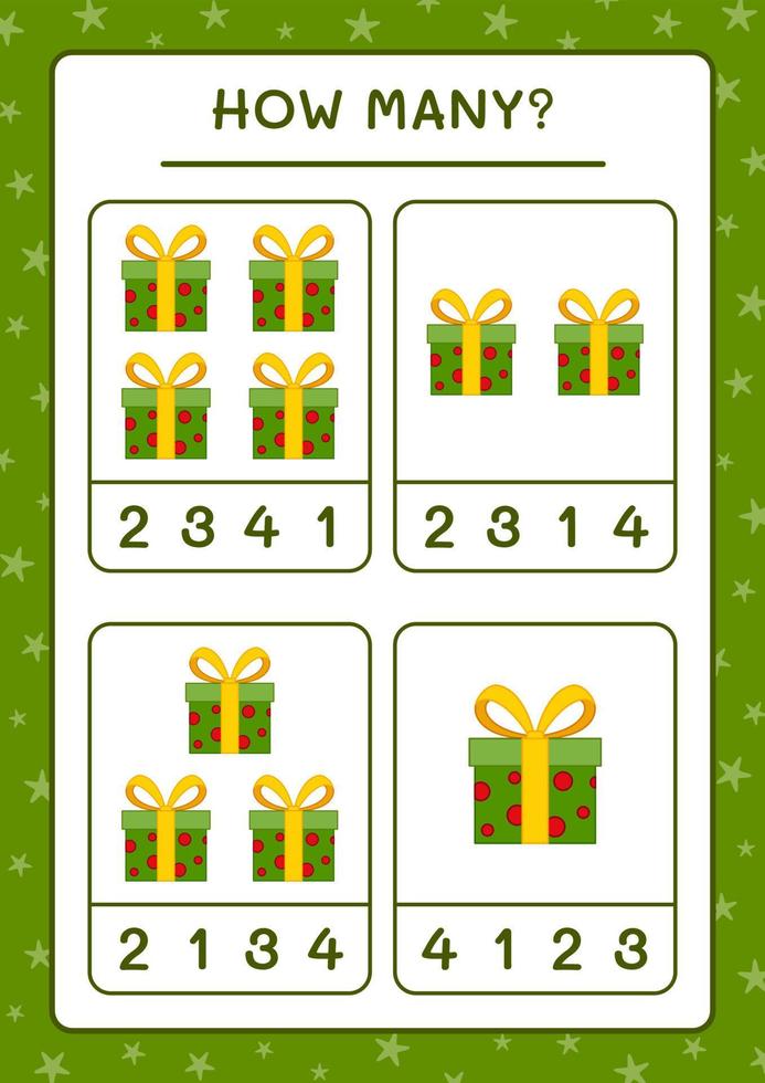 How many gift box, game for children. Vector illustration, printable worksheet