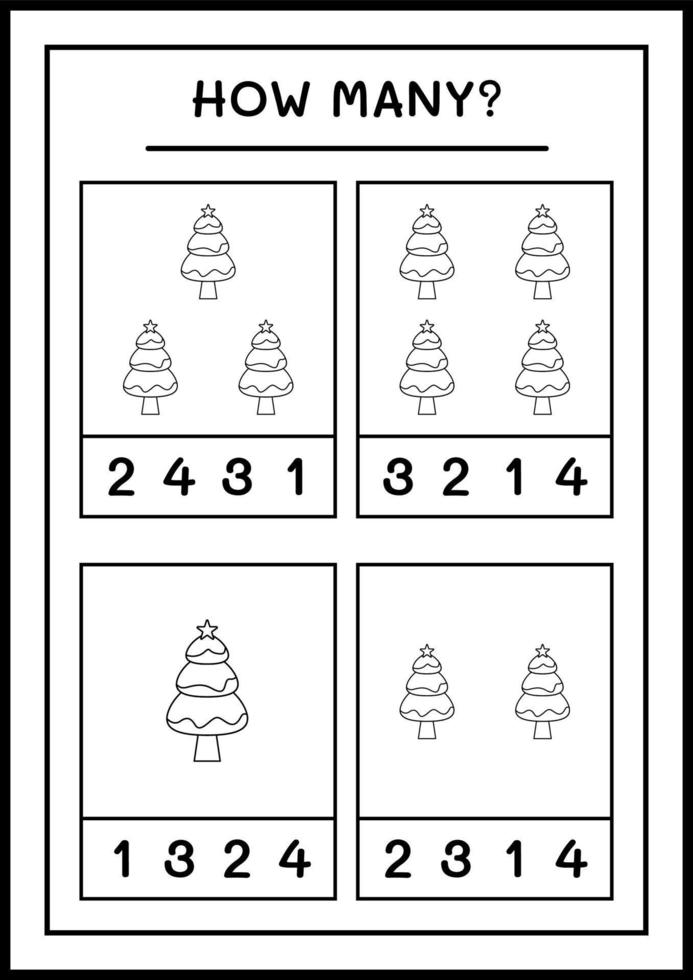 How many christmas tree, game for children. Vector illustration, printable worksheet