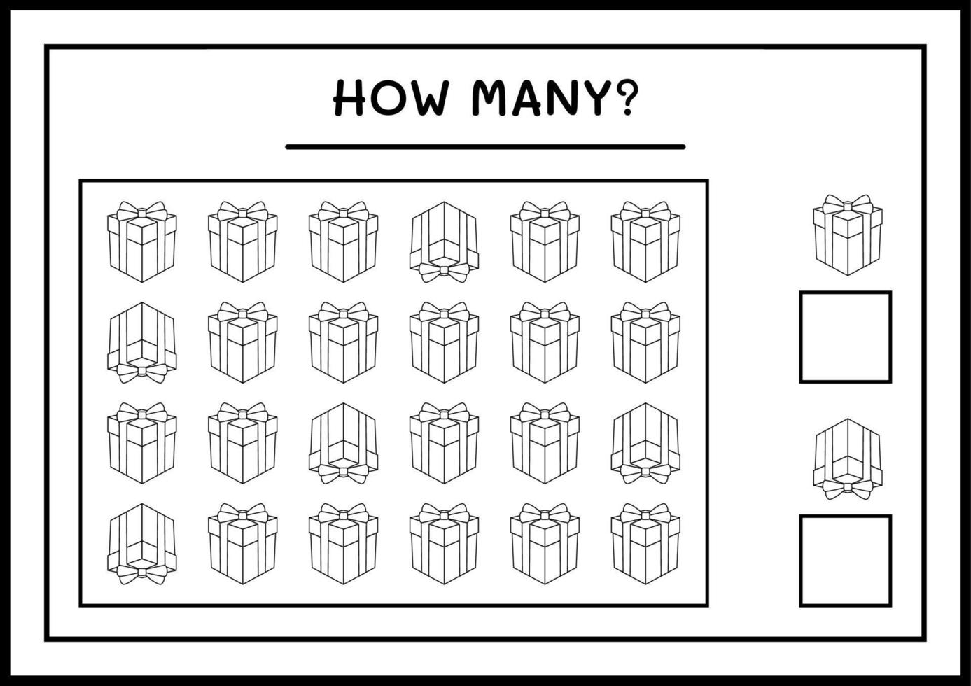 How many gift box, game for children. Vector illustration, printable